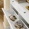 SoBuy FSR208-W Slankt skoskab - Slankt design til små rum - Hvid MDF skohylde med 4 hængslede låger og 2 skuffer - Holder op til 12 par sko - 100 x 19 x 107 cm