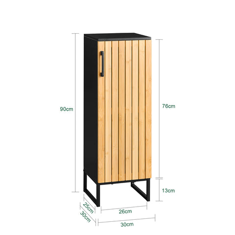 SoBuy Smalt badeværelsesskab i bambudesign-kompakt opbevaringsskab med dør, perfekt til toilet, badeværelse eller køkken, 30x30x90 cm-model BZR203-sch
