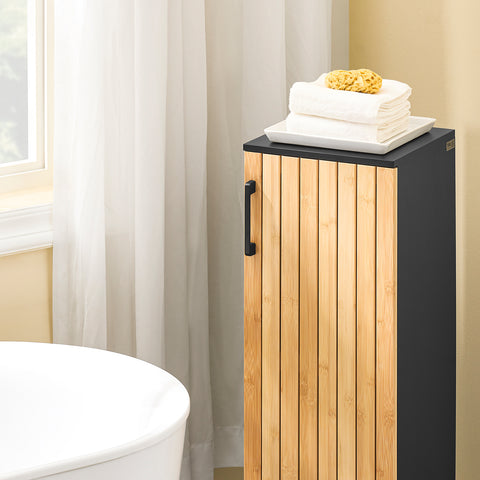 SoBuy Smalt badeværelsesskab i bambudesign-kompakt opbevaringsskab med dør, perfekt til toilet, badeværelse eller køkken, 30x30x90 cm-model BZR203-sch