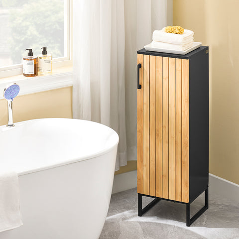 SoBuy Smalt badeværelsesskab i bambudesign-kompakt opbevaringsskab med dør, perfekt til toilet, badeværelse eller køkken, 30x30x90 cm-model BZR203-sch