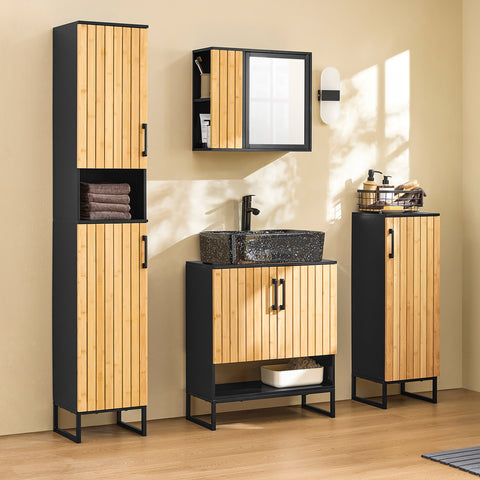 SoBuy Smalt badeværelsesskab i bambudesign-kompakt opbevaringsskab med dør, perfekt til toilet, badeværelse eller køkken, 30x30x90 cm-model BZR203-sch