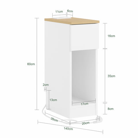 SoBuy Smalt natbord med 20 cm bredt, sidebord med kasse, natbord med USB-porte, til soveværelser og stuer, farve hvidt og træ, dimensioner bh ca. 20 x 60 x 35 cm fbt11-wn