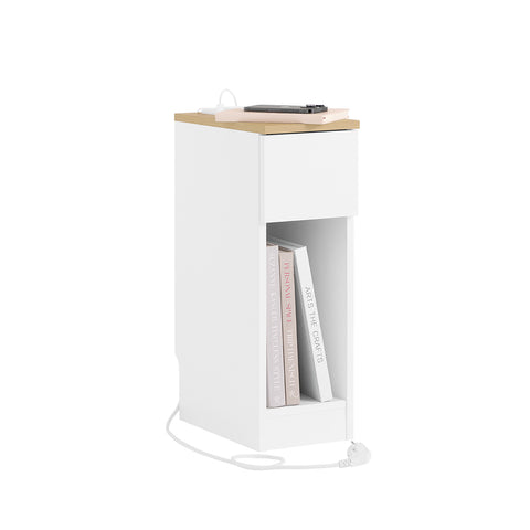 SoBuy Smalt natbord med 20 cm bredt, sidebord med kasse, natbord med USB-porte, til soveværelser og stuer, farve hvidt og træ, dimensioner bh ca. 20 x 60 x 35 cm fbt11-wn