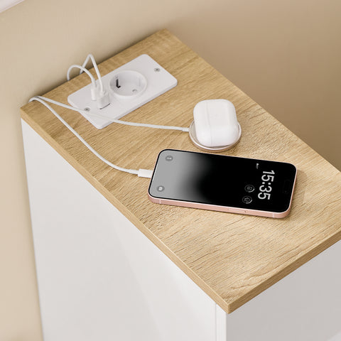 SoBuy Smalt natbord med 20 cm bredt, sidebord med kasse, natbord med USB-porte, til soveværelser og stuer, farve hvidt og træ, dimensioner bh ca. 20 x 60 x 35 cm fbt11-wn