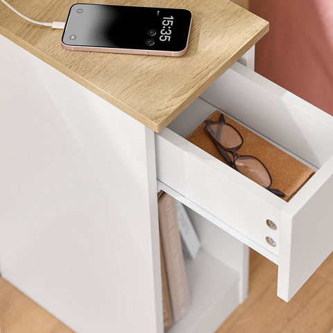 SoBuy Smalt natbord med 20 cm bredt, sidebord med kasse, natbord med USB-porte, til soveværelser og stuer, farve hvidt og træ, dimensioner bh ca. 20 x 60 x 35 cm fbt11-wn