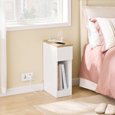 SoBuy Smalt natbord med 20 cm bredt, sidebord med kasse, natbord med USB-porte, til soveværelser og stuer, farve hvidt og træ, dimensioner bh ca. 20 x 60 x 35 cm fbt11-wn