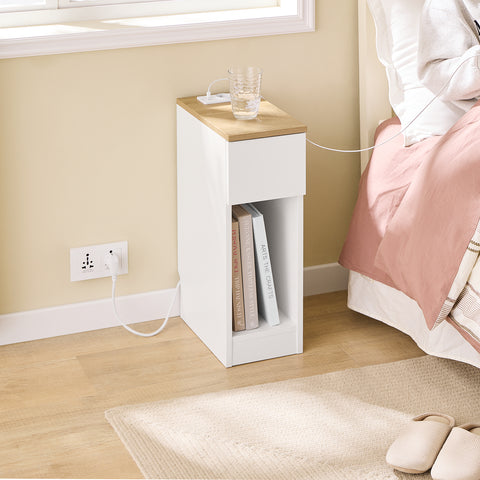 SoBuy Smalt natbord med 20 cm bredt, sidebord med kasse, natbord med USB-porte, til soveværelser og stuer, farve hvidt og træ, dimensioner bh ca. 20 x 60 x 35 cm fbt11-wn
