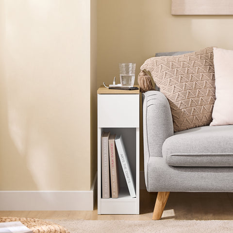 SoBuy Smalt natbord med 20 cm bredt, sidebord med kasse, natbord med USB-porte, til soveværelser og stuer, farve hvidt og træ, dimensioner bh ca. 20 x 60 x 35 cm fbt11-wn