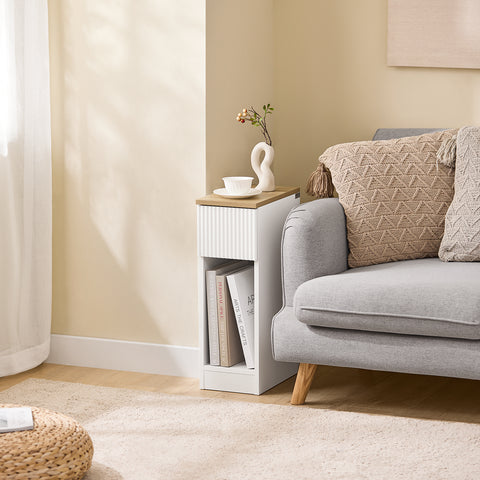 SoBuy 20 cm bredt smalt natbord med bølgedesignboks, smalle sideborde, sengeborde til soveværelser og stuer, højt smalt bord, hvid og træbh, ca. 20 x 60 x 35 cm FBT111-W