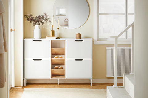 SoBuy Skoskab med 4 Foldbare Låger og 3 Åbne Hylder Hvid FSR183-WN