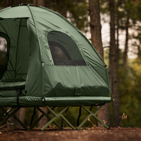 SoBuy Sammenfoldelig 4-i-1 campingtelt med hævet seng til 2 personer-inklusive alus seng, sovepose, luftmadras og bærepose-maksimal vægt 180 kg-grøn | OGS61-l-gr