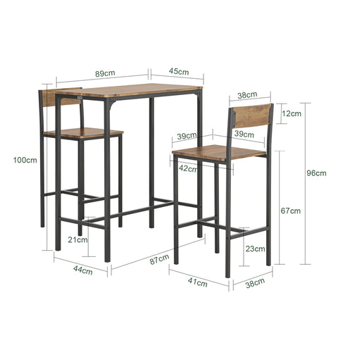 SoBuy Højt barbord med 2 barstole i industriel stil, Køkkenbord med 2 skamler, Længde 89 cm Bredde 45 cm Højde 100 cm, Belastning: 150 kg, OGT03-XL