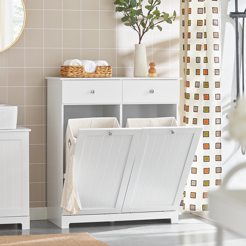 SoBuy Badeværelsesskab med 2 vaskekurve og 2 skuffer Badeværelseshylde med vasketøjspose, hvid, Længde 78 cm Bredde 35 cm Højde 90 cm BZR33-W