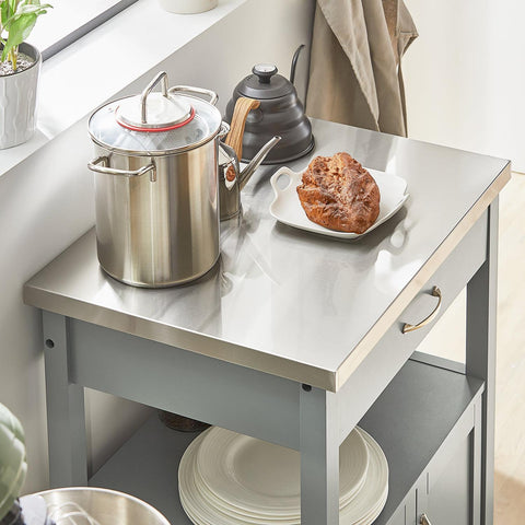 SoBuy Køkkenskab med hjul Køkkenvogn med skuffe og låger bordpladei rustfrit stål FKW22-HG